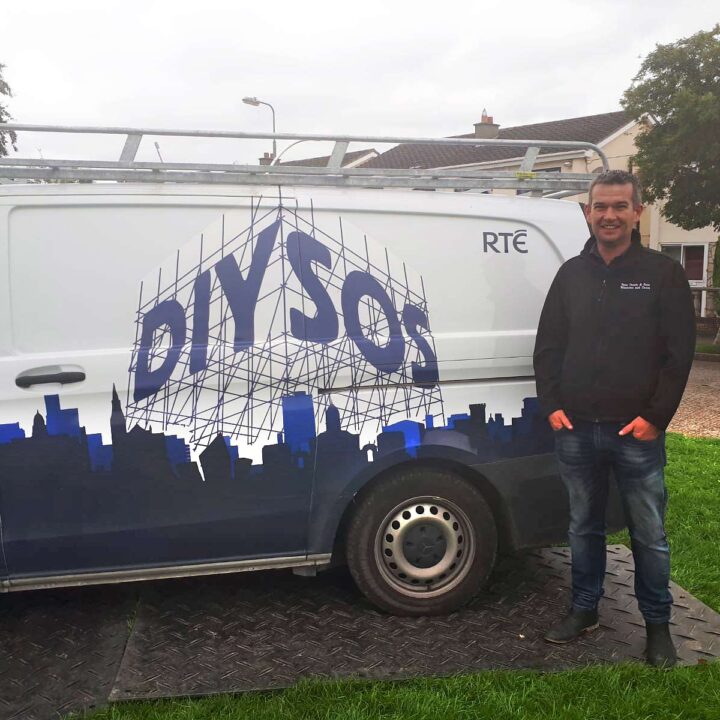 Pictured is Brian Devane from Sean Doyle Windows Ltd on set at the DIY SOS filming. The Roscommon company assisted with the extension to the house in County Kildare by providing grey Aluminium double glazed windows for the project.
